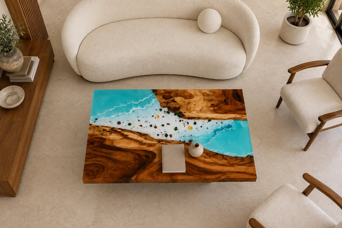 Lagoon Overlook Turquoise Blue & White Surf Epoxy Walnut Coffee Table CFT18