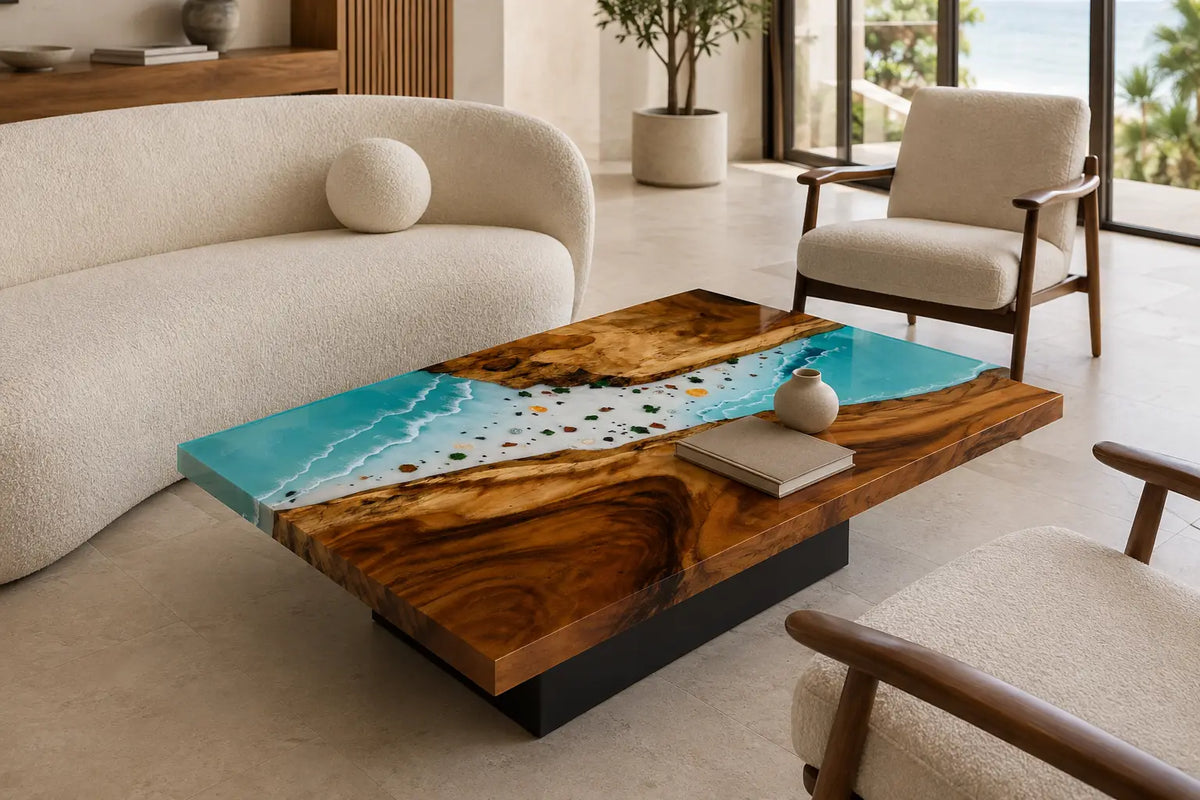 Lagoon Overlook Turquoise Blue & White Surf Epoxy Walnut Coffee Table CFT18