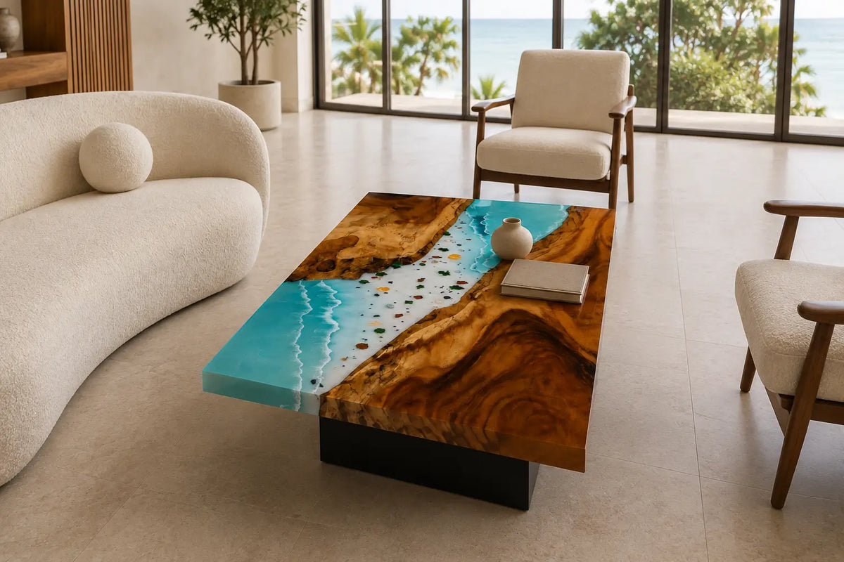 Lagoon Overlook Turquoise Blue & White Surf Epoxy Walnut Coffee Table CFT18