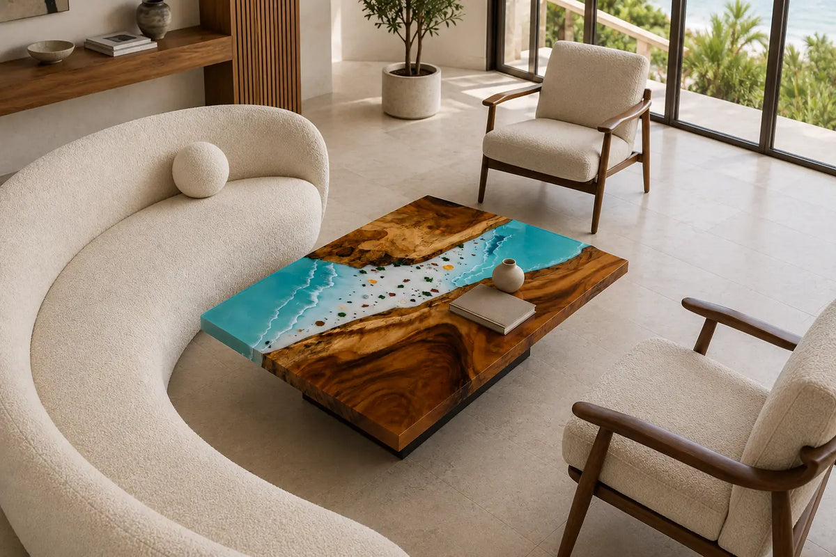Lagoon Overlook Turquoise Blue & White Surf Epoxy Walnut Coffee Table CFT18