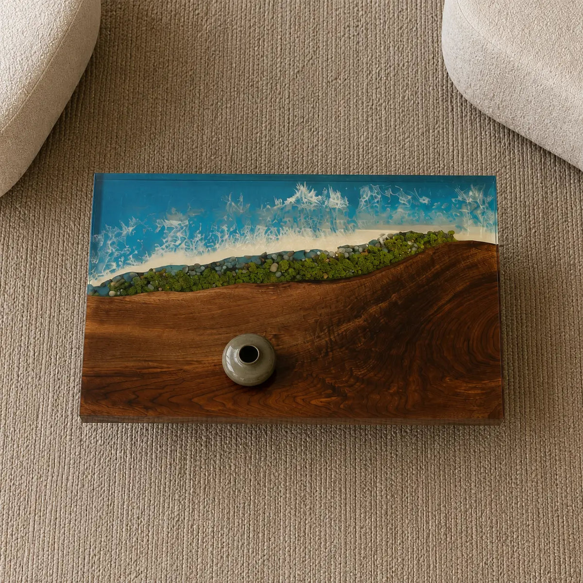 Coastal Garden turquoise blue with green shoreline epoxy walnut coffee table CFT19