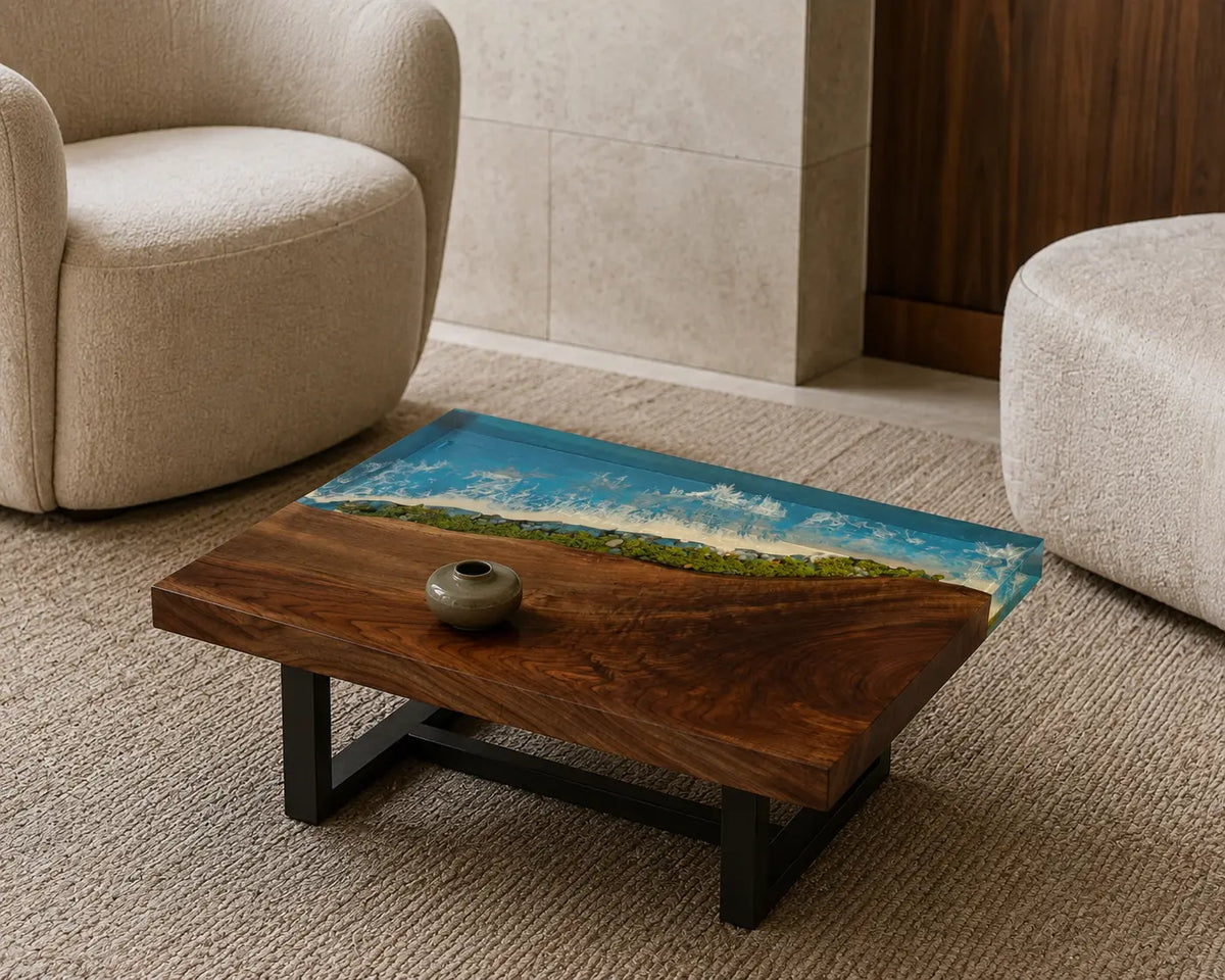 Coastal Garden Turquoise Blue & Green Shoreline Epoxy Walnut Coffee Table CFT19