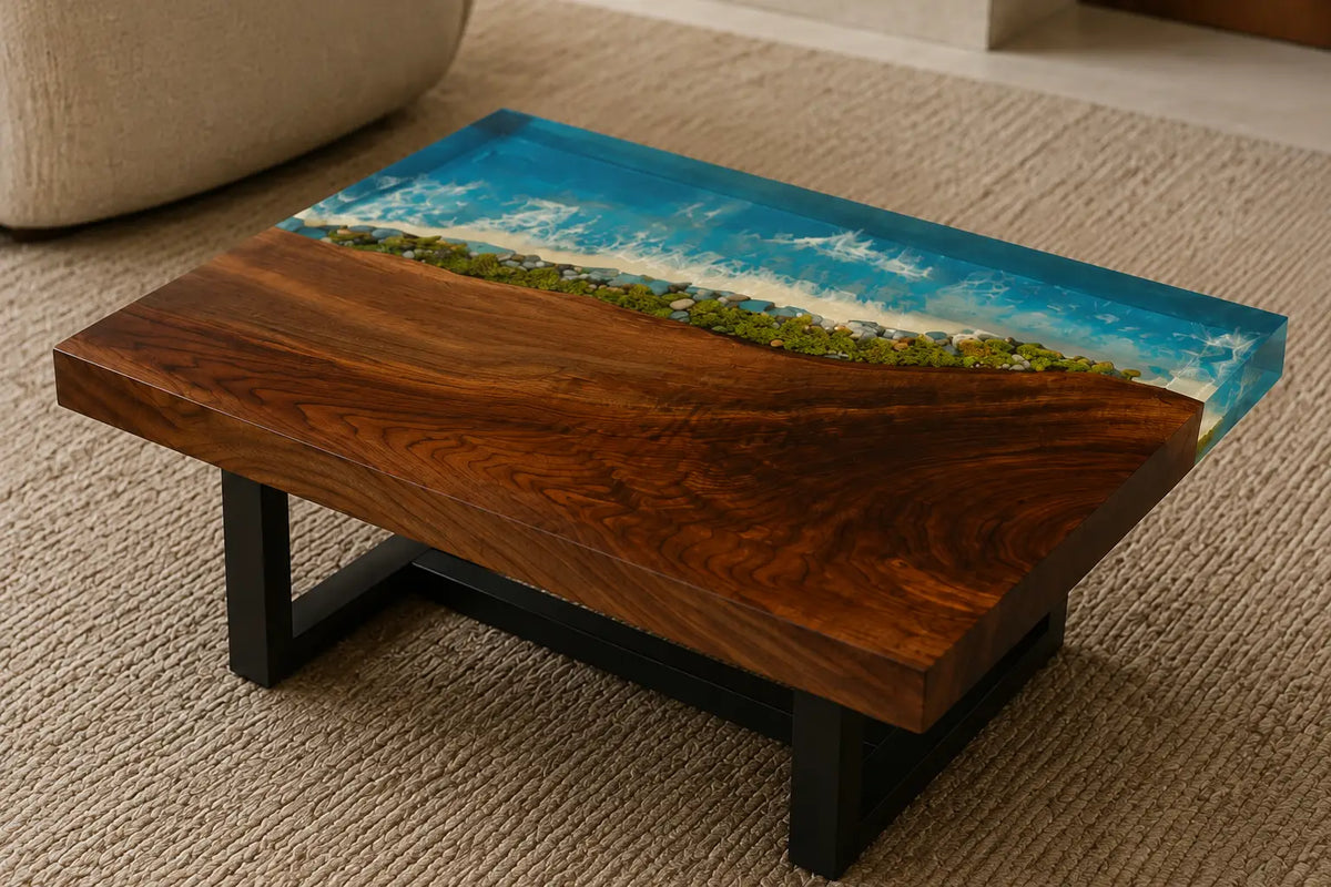 Coastal Garden Turquoise Blue & Green Shoreline Epoxy Walnut Coffee Table CFT19