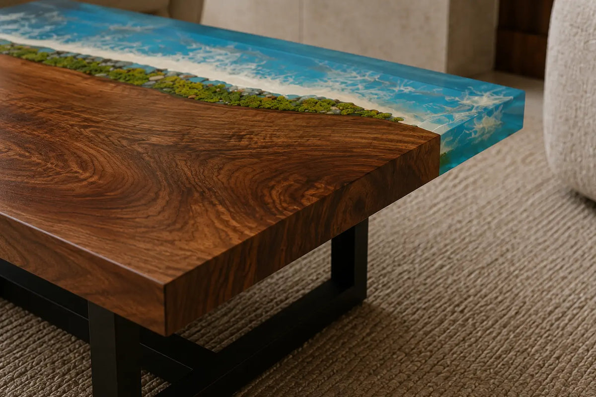Coastal Garden Turquoise Blue & Green Shoreline Epoxy Walnut Coffee Table CFT19