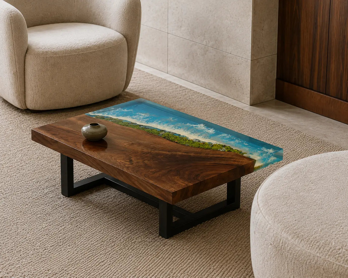 Coastal Garden Turquoise Blue & Green Shoreline Epoxy Walnut Coffee Table CFT19