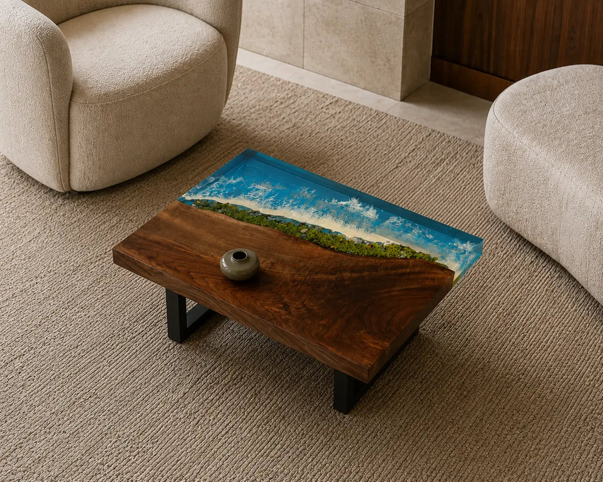 Coastal Garden Turquoise Blue & Green Shoreline Epoxy Walnut Coffee Table CFT19