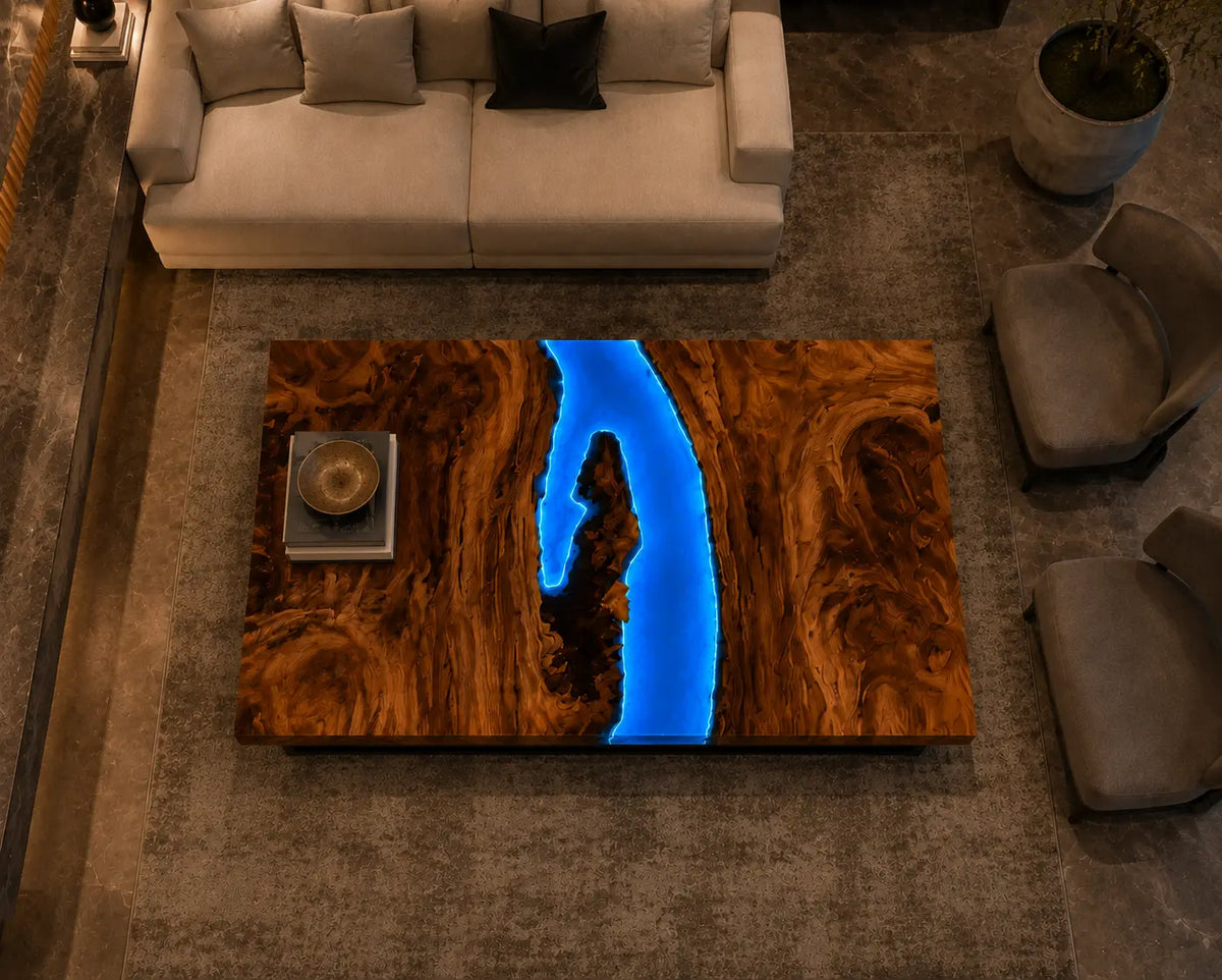 Electric Crescent led blue epoxy river walnut coffee table CFT22