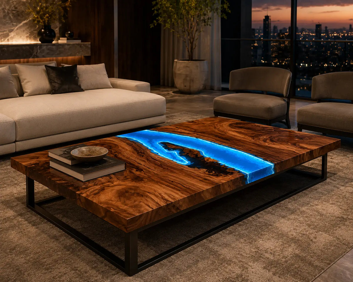 Electric Crescent LED Blue Epoxy River Walnut Coffee Table CFT22