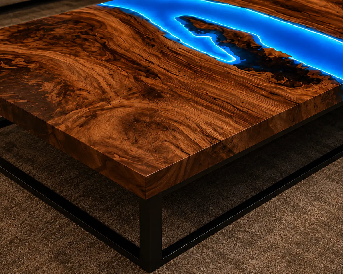 Electric Crescent LED Blue Epoxy River Walnut Coffee Table CFT22