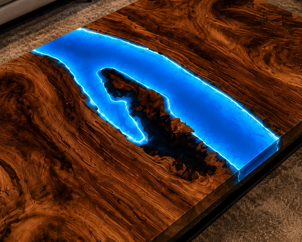 Electric Crescent LED Blue Epoxy River Walnut Coffee Table CFT22