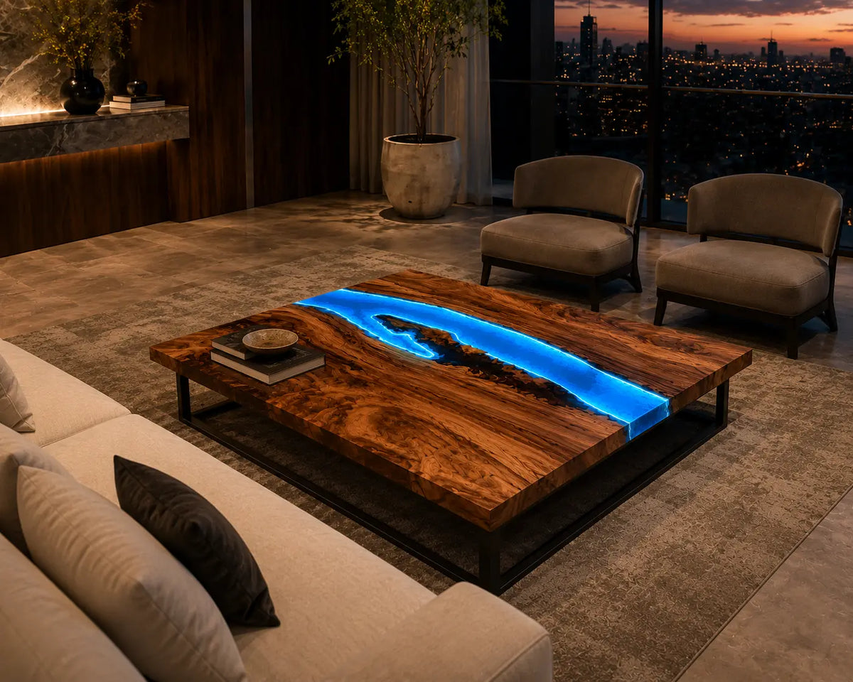 Electric Crescent LED Blue Epoxy River Walnut Coffee Table CFT22