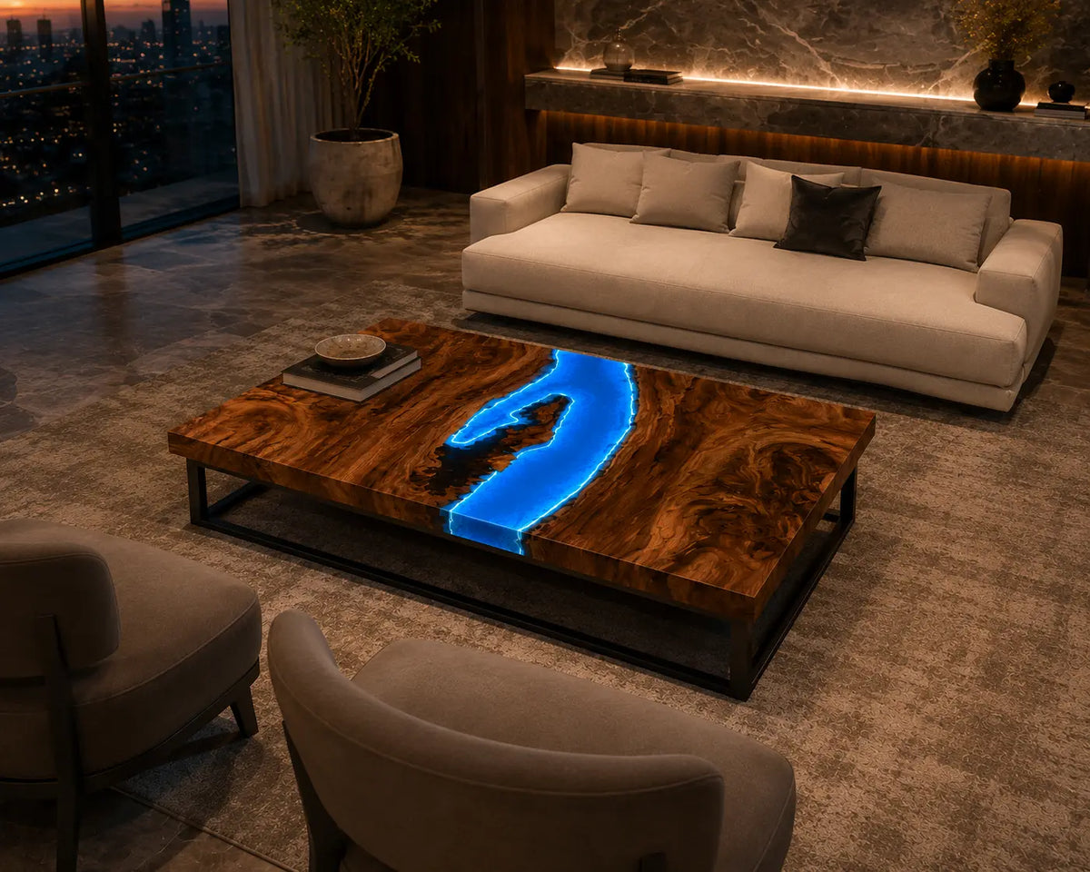 Electric Crescent LED Blue Epoxy River Walnut Coffee Table CFT22