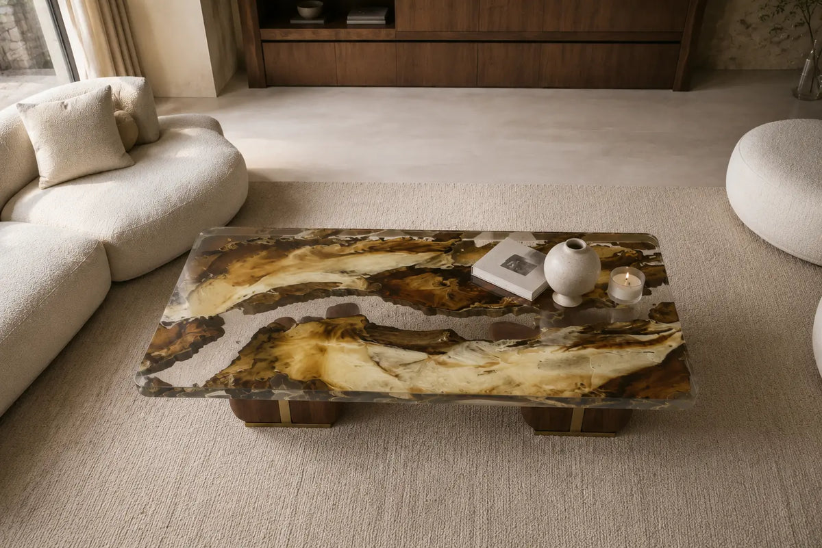 Amber Strata crystal clear with amber brown and ivory epoxy walnut coffee table CFT23