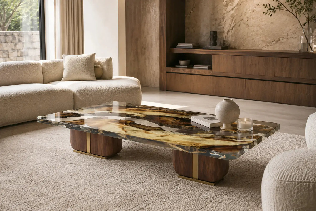 Amber Strata Crystal Clear & Amber Brown and Ivory Epoxy Walnut Coffee Table CFT23
