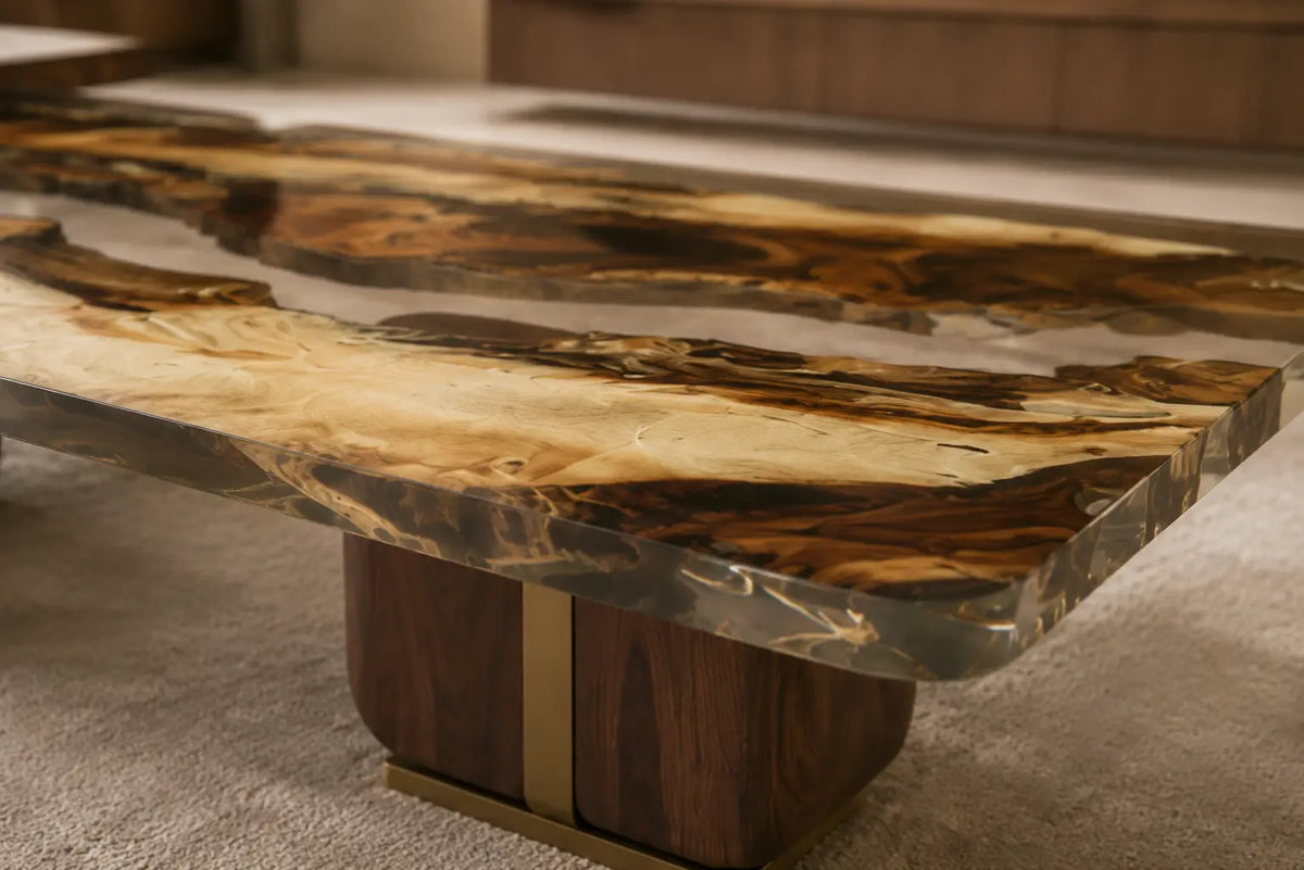 Amber Strata Crystal Clear & Amber Brown and Ivory Epoxy Walnut Coffee Table CFT23