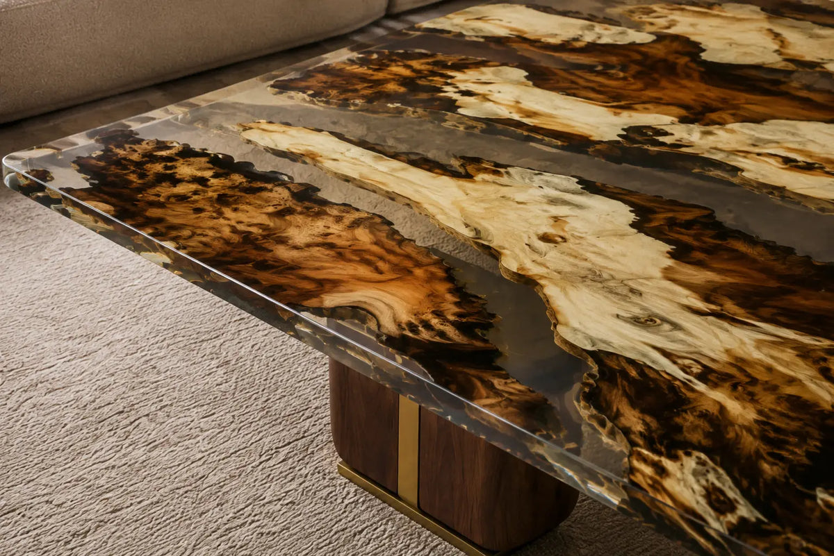 Amber Strata Crystal Clear & Amber Brown and Ivory Epoxy Walnut Coffee Table CFT23