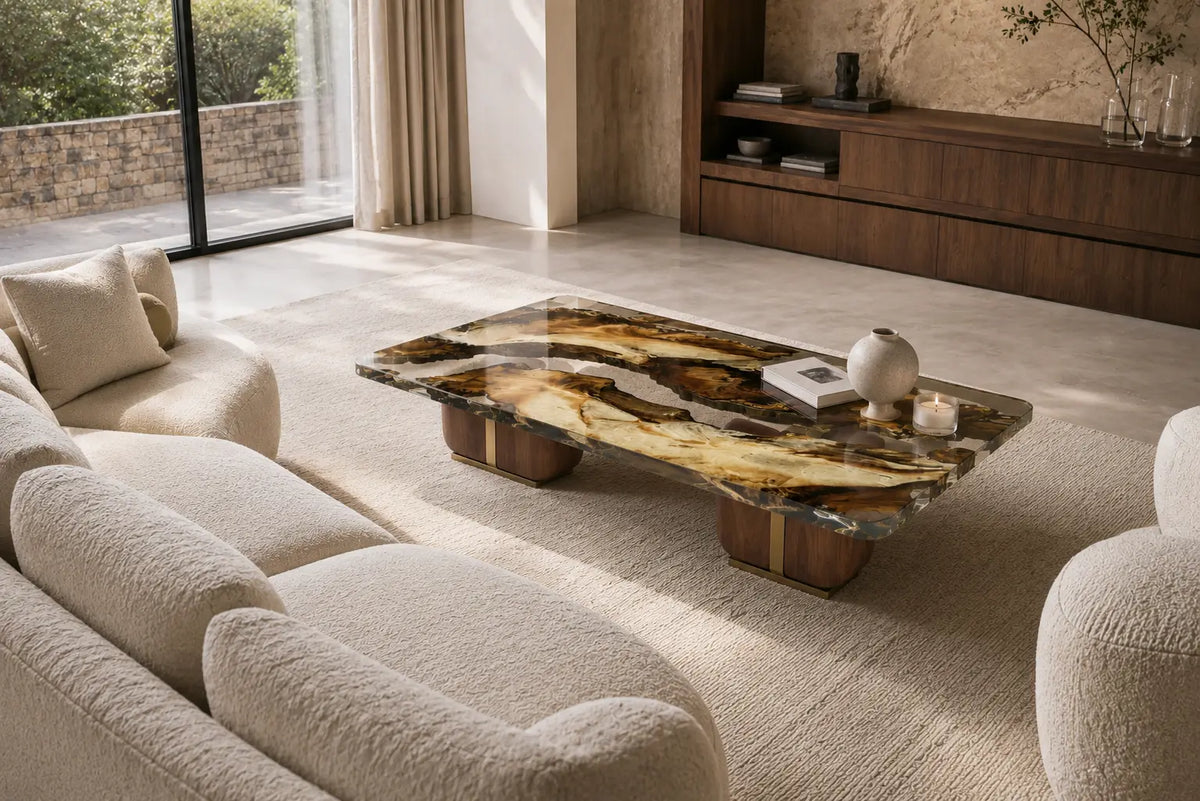 Amber Strata Crystal Clear & Amber Brown and Ivory Epoxy Walnut Coffee Table CFT23