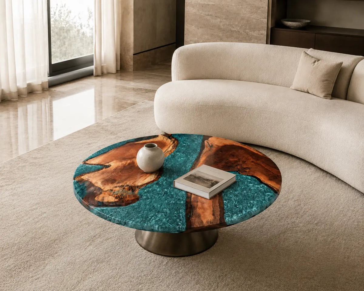 Turquoise Archipelago Turquoise Blue Epoxy River Walnut Coffee Table CFT24