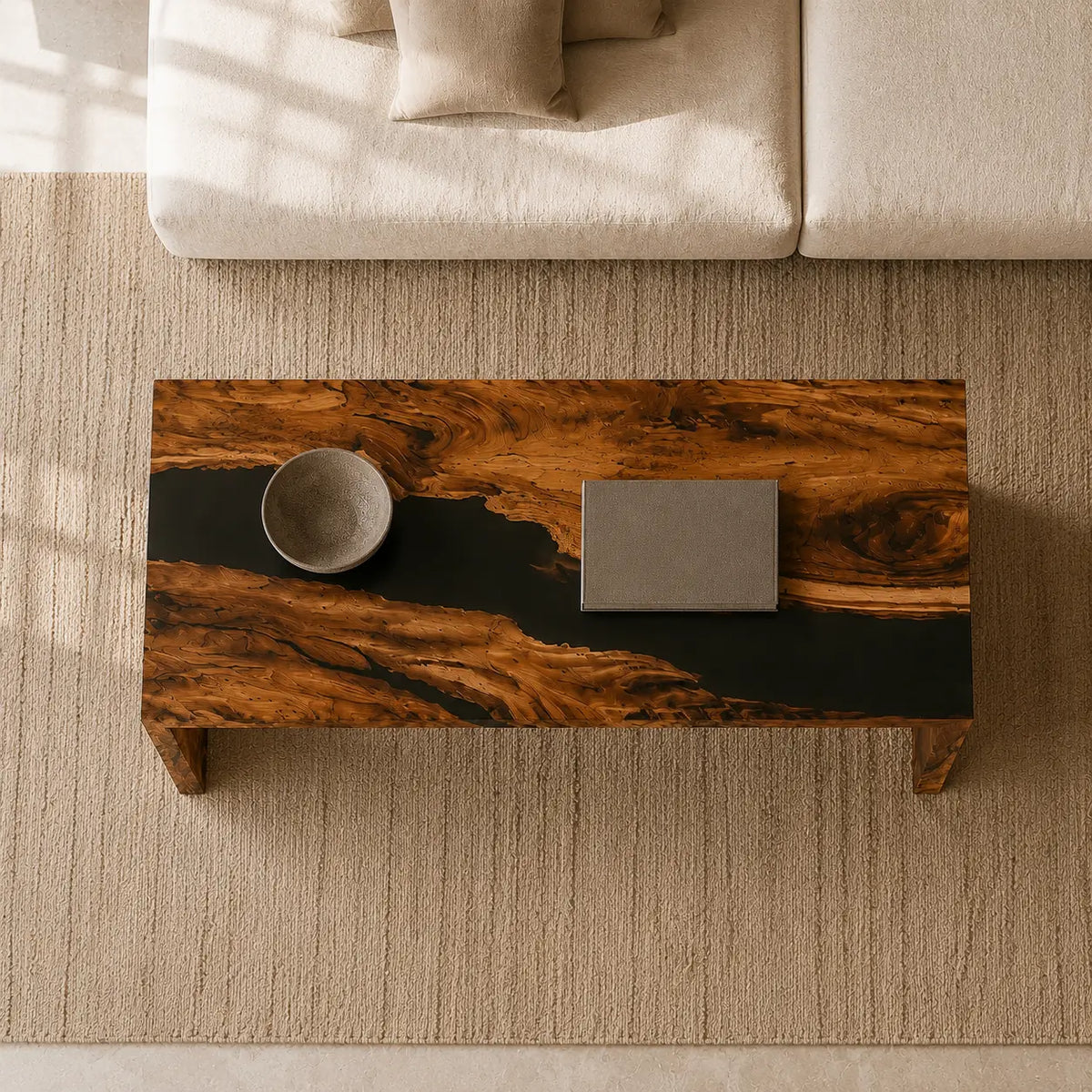 Waterfall Noir opaque black epoxy river walnut coffee table CFT25