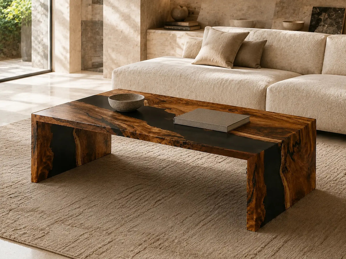 Waterfall Noir Opaque Black Epoxy River Walnut Coffee Table CFT25