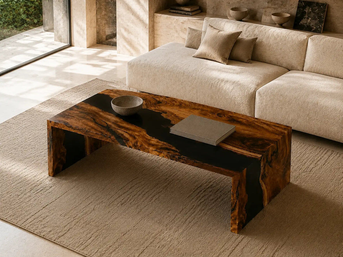 Waterfall Noir Opaque Black Epoxy River Walnut Coffee Table CFT25