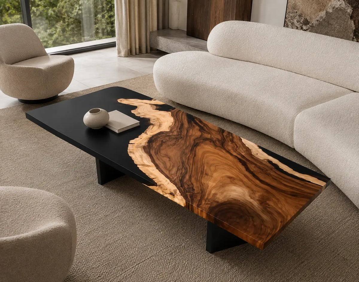 Noir Peninsula opaque black epoxy walnut coffee table CFT26