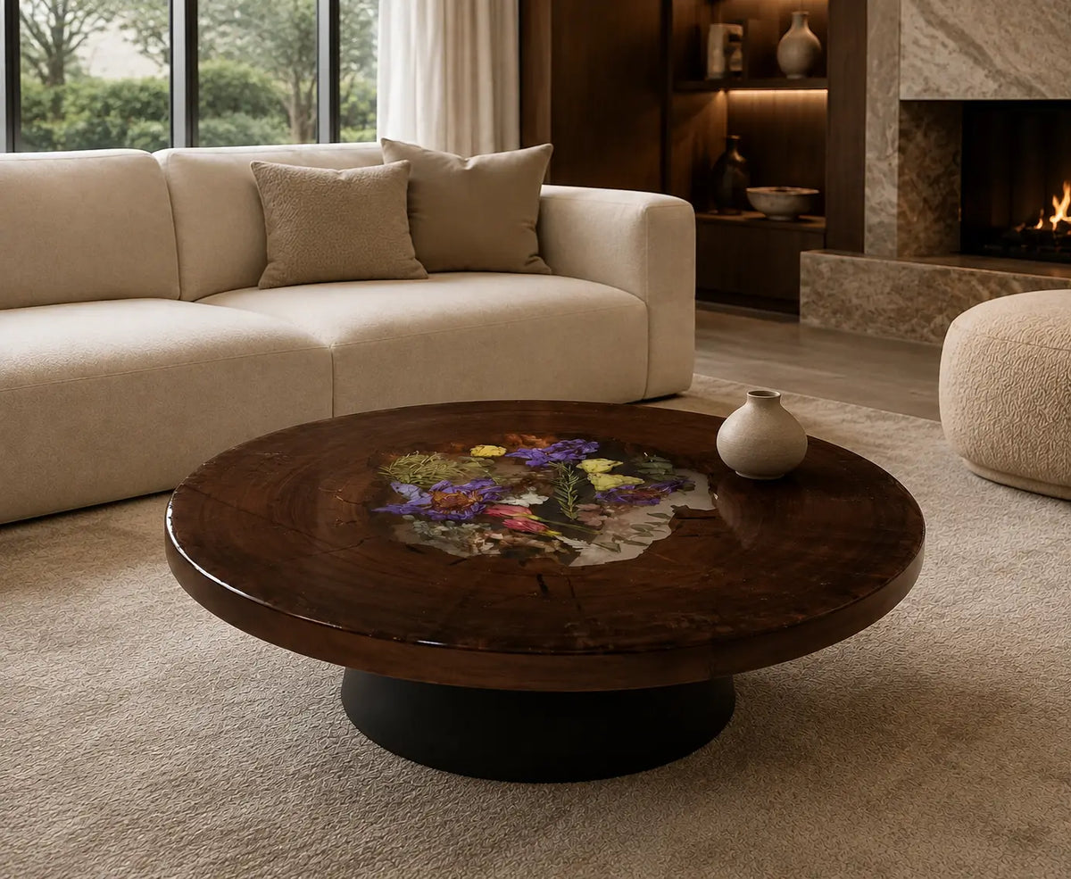Floral Eclipse crystal clear with floral inlay epoxy black walnut coffee table CFT28