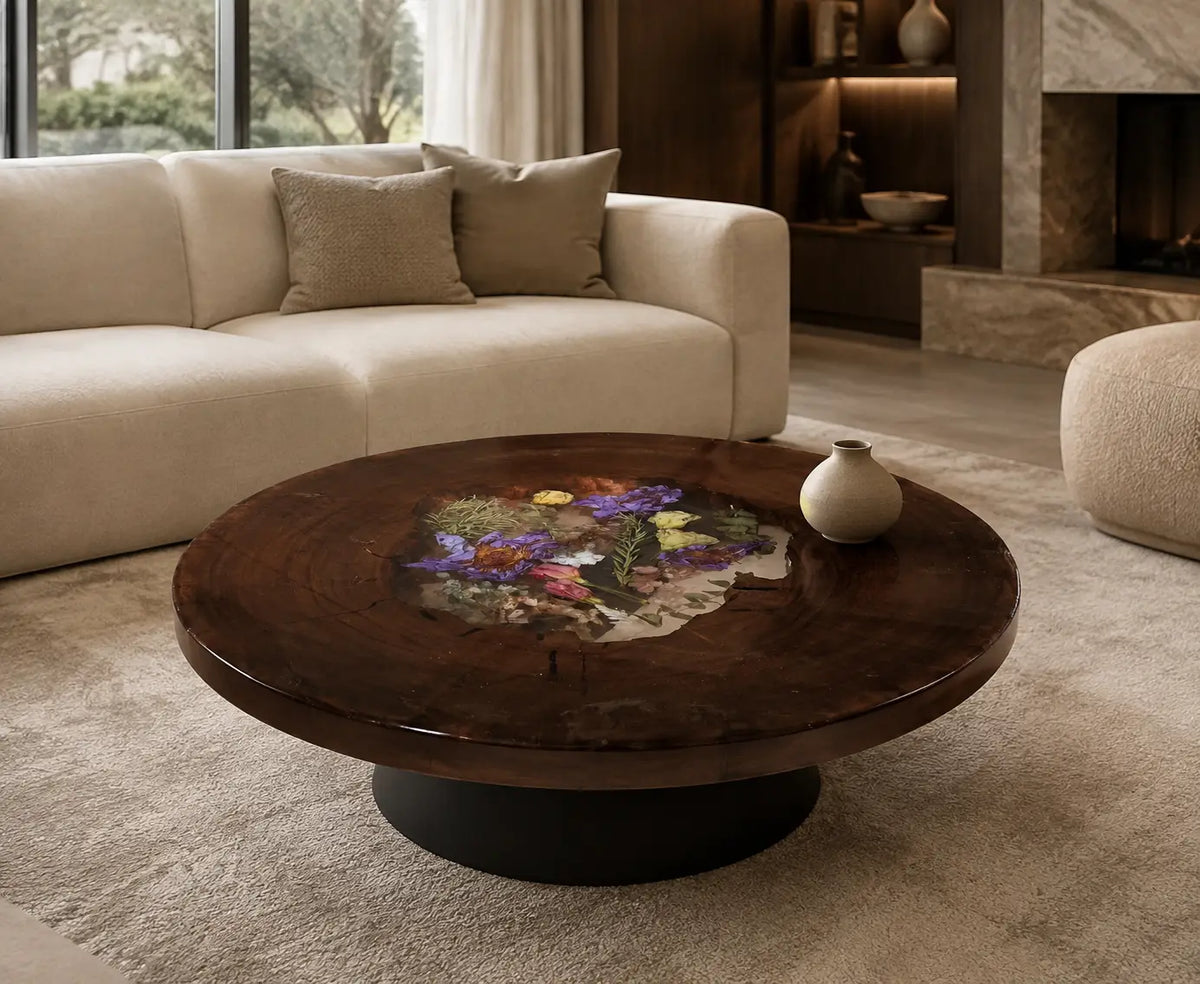 Floral Eclipse Crystal Clear & Floral Inlay Epoxy Black Walnut Coffee Table CFT28