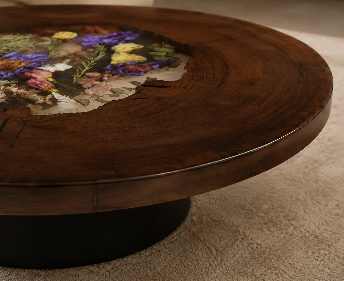 Floral Eclipse Crystal Clear & Floral Inlay Epoxy Black Walnut Coffee Table CFT28