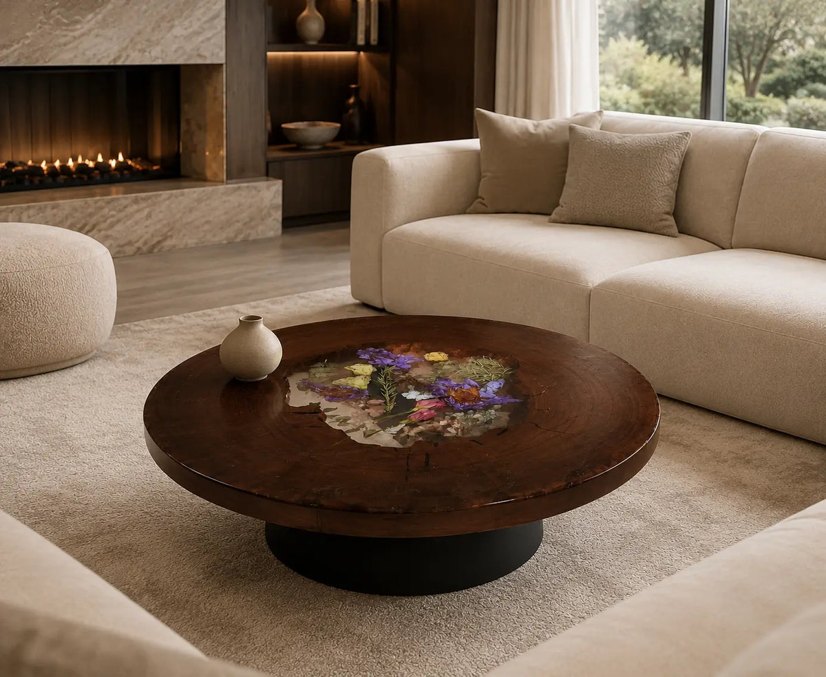 Floral Eclipse Crystal Clear & Floral Inlay Epoxy Black Walnut Coffee Table CFT28