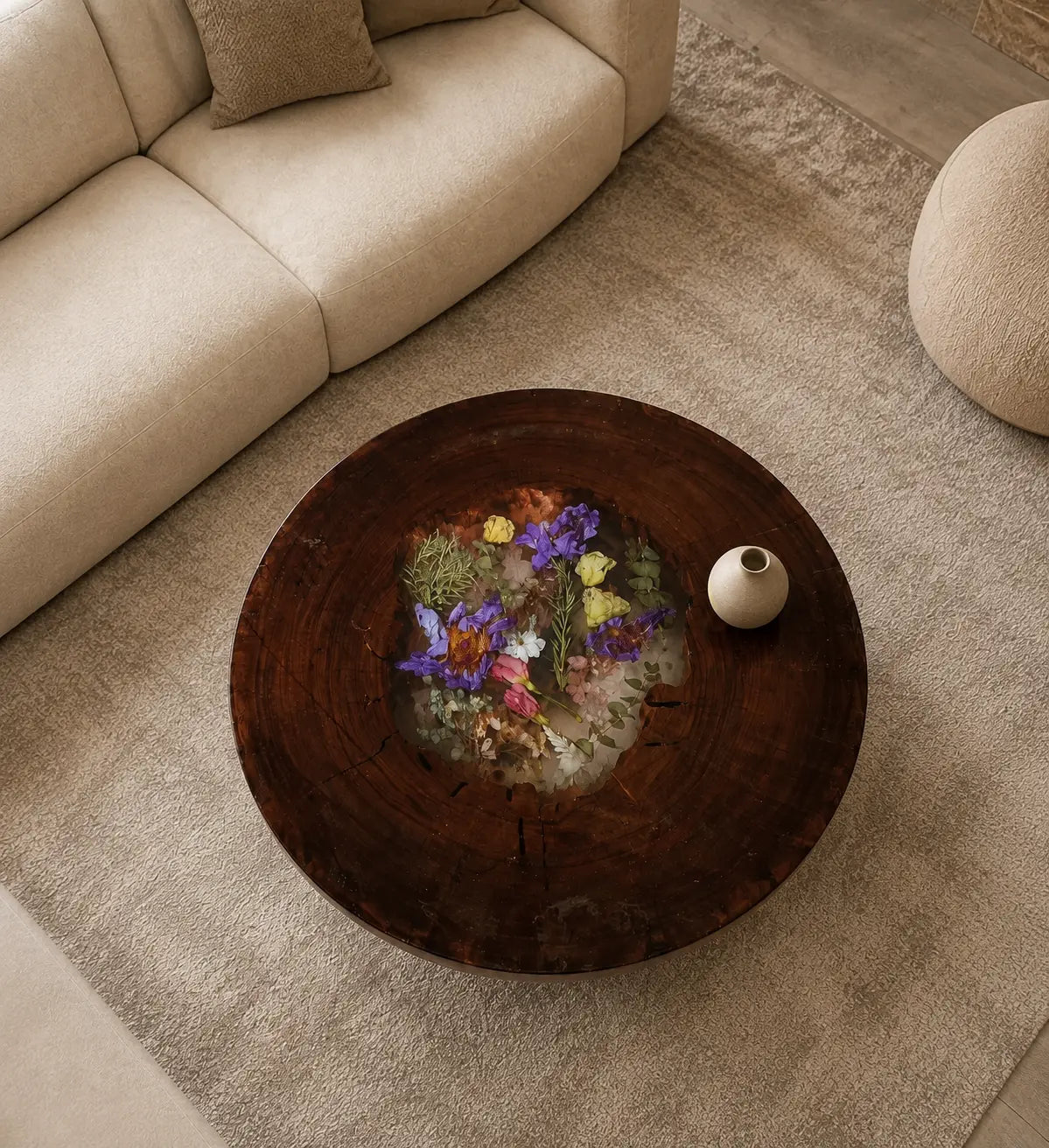 Floral Eclipse Crystal Clear & Floral Inlay Epoxy Black Walnut Coffee Table CFT28