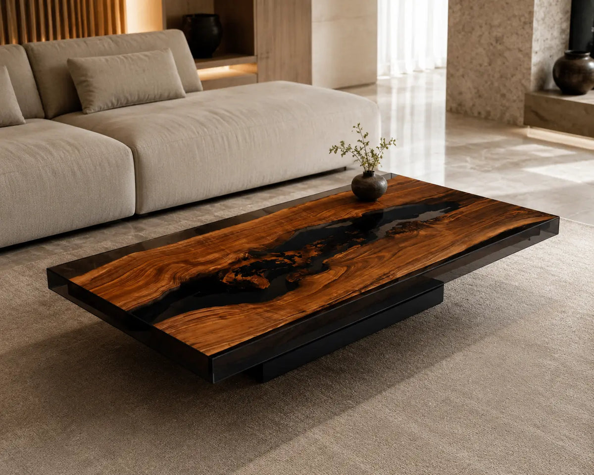 Obsidian Basin Smoky Black Epoxy Black Walnut Coffee Table CFT29
