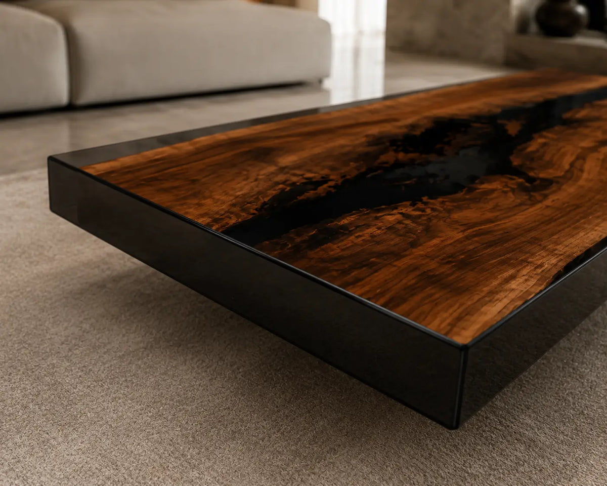 Obsidian Basin Smoky Black Epoxy Black Walnut Coffee Table CFT29