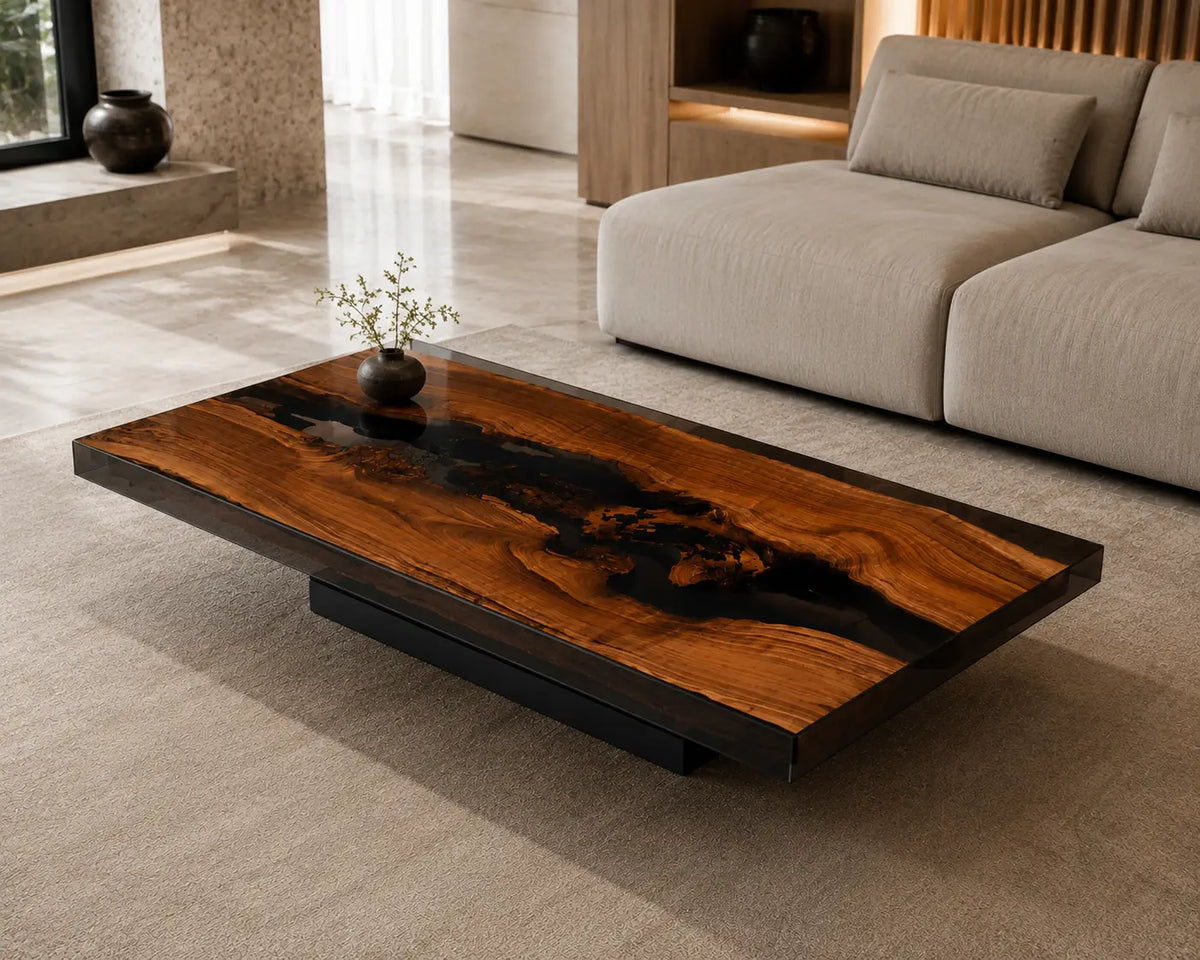 Obsidian Basin Smoky Black Epoxy Black Walnut Coffee Table CFT29