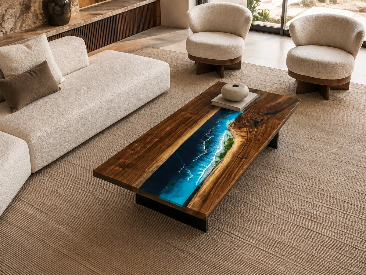 Ocean Rift ocean blue with white surf epoxy black walnut coffee table CFT30