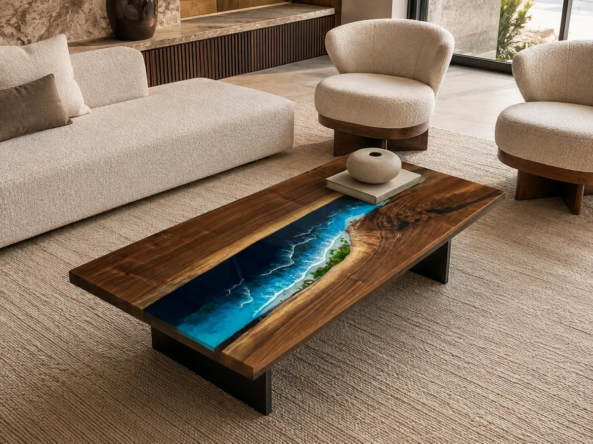 Ocean Rift Ocean Blue & White Surf Epoxy Black Walnut Coffee Table CFT30