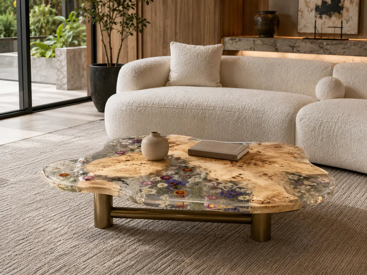 Garden Mosaic Crystal Clear & Floral Inlay Epoxy Poplar Coffee Table CFT32