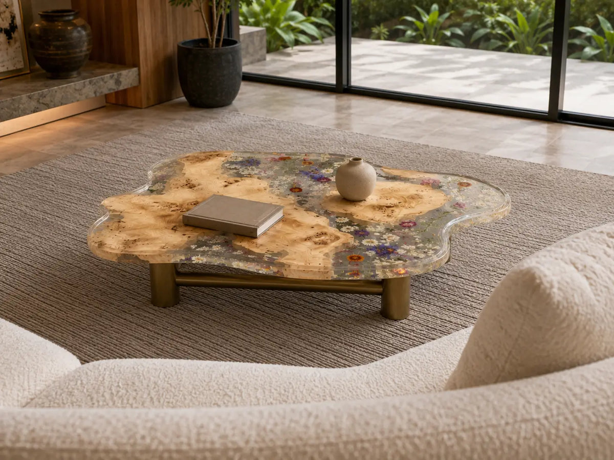 Garden Mosaic Crystal Clear & Floral Inlay Epoxy Poplar Coffee Table CFT32