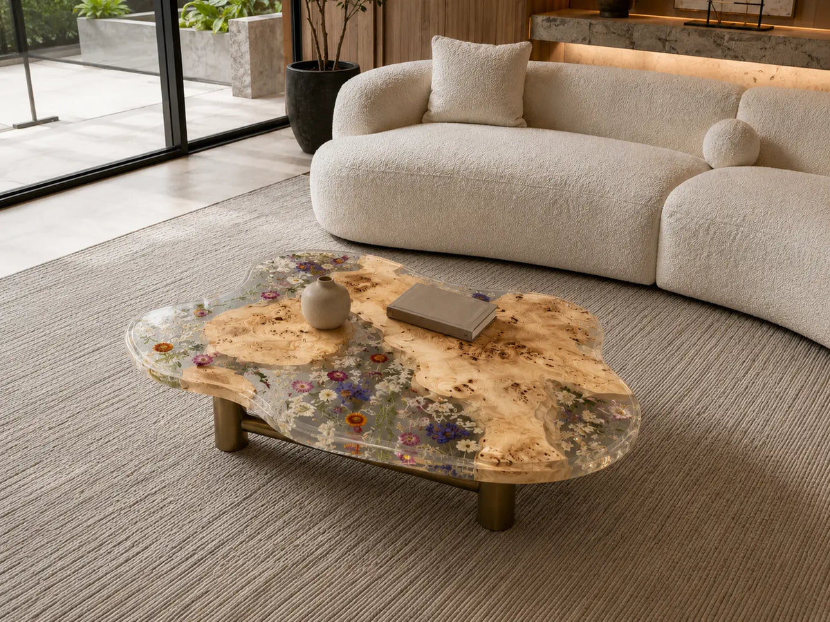 Garden Mosaic Crystal Clear & Floral Inlay Epoxy Poplar Coffee Table CFT32