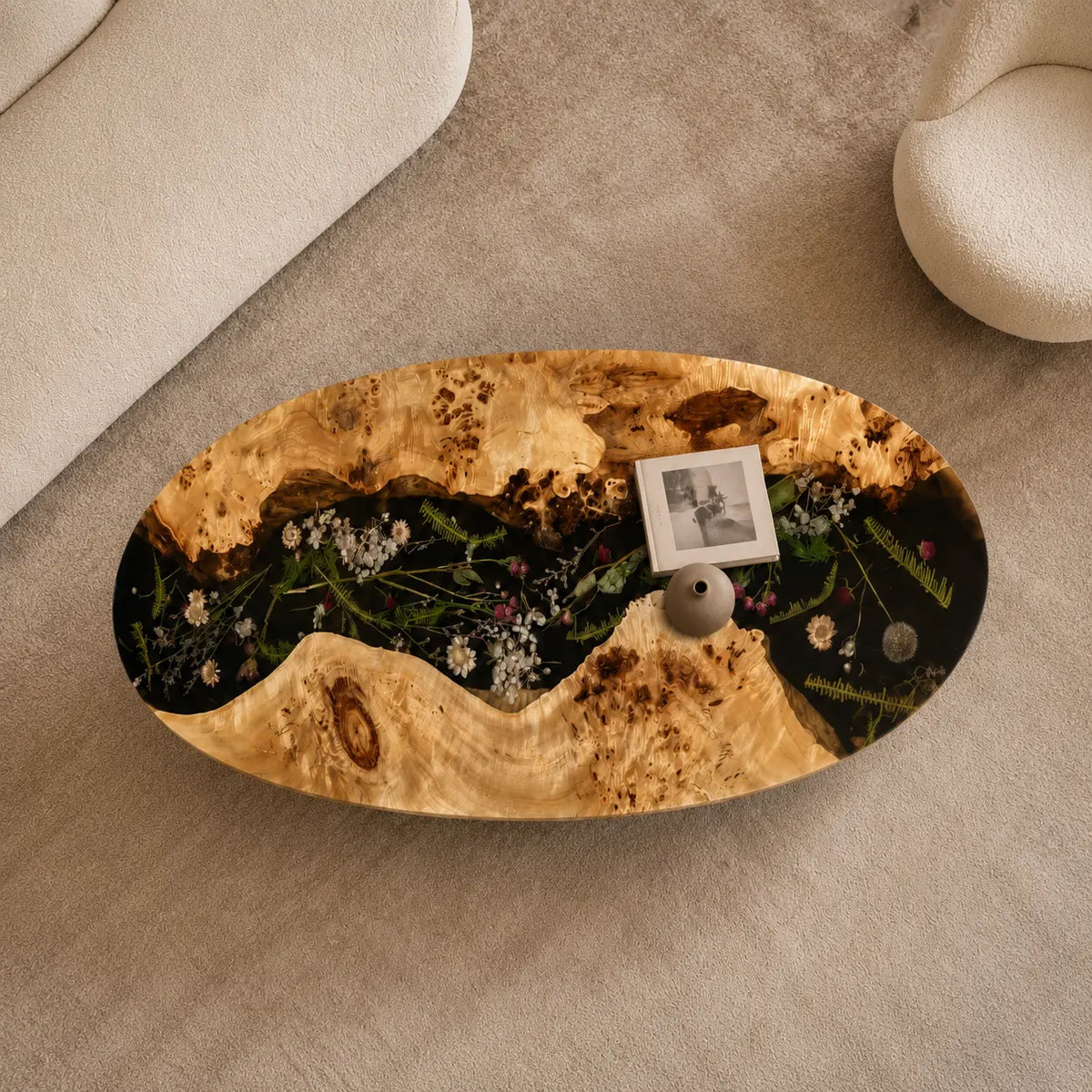Nocturne Garden black with botanical inlays epoxy poplar coffee table CFT35