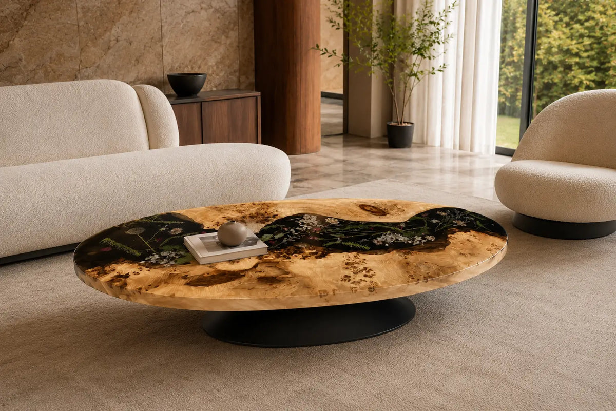 Nocturne Garden Black & Botanical Inlays Epoxy Poplar Coffee Table CFT35