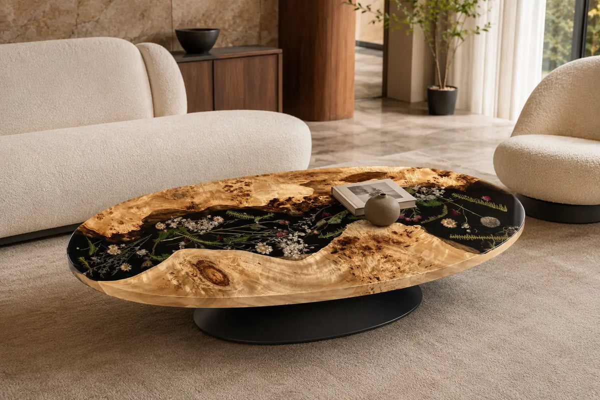 Nocturne Garden Black & Botanical Inlays Epoxy Poplar Coffee Table CFT35