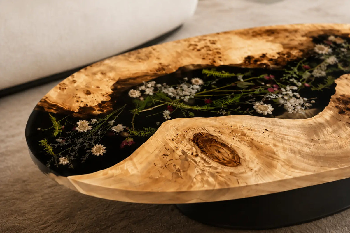 Nocturne Garden Black & Botanical Inlays Epoxy Poplar Coffee Table CFT35