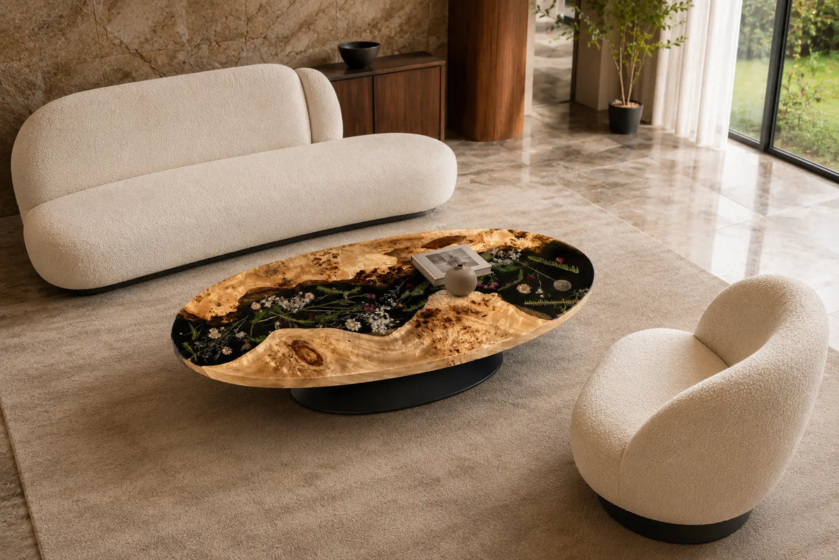 Nocturne Garden Black & Botanical Inlays Epoxy Poplar Coffee Table CFT35