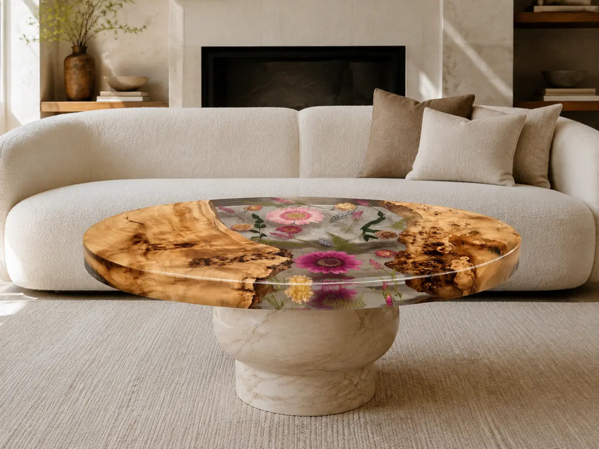 Rose Garden Pool crystal clear with floral inlay epoxy poplar coffee table CFT37