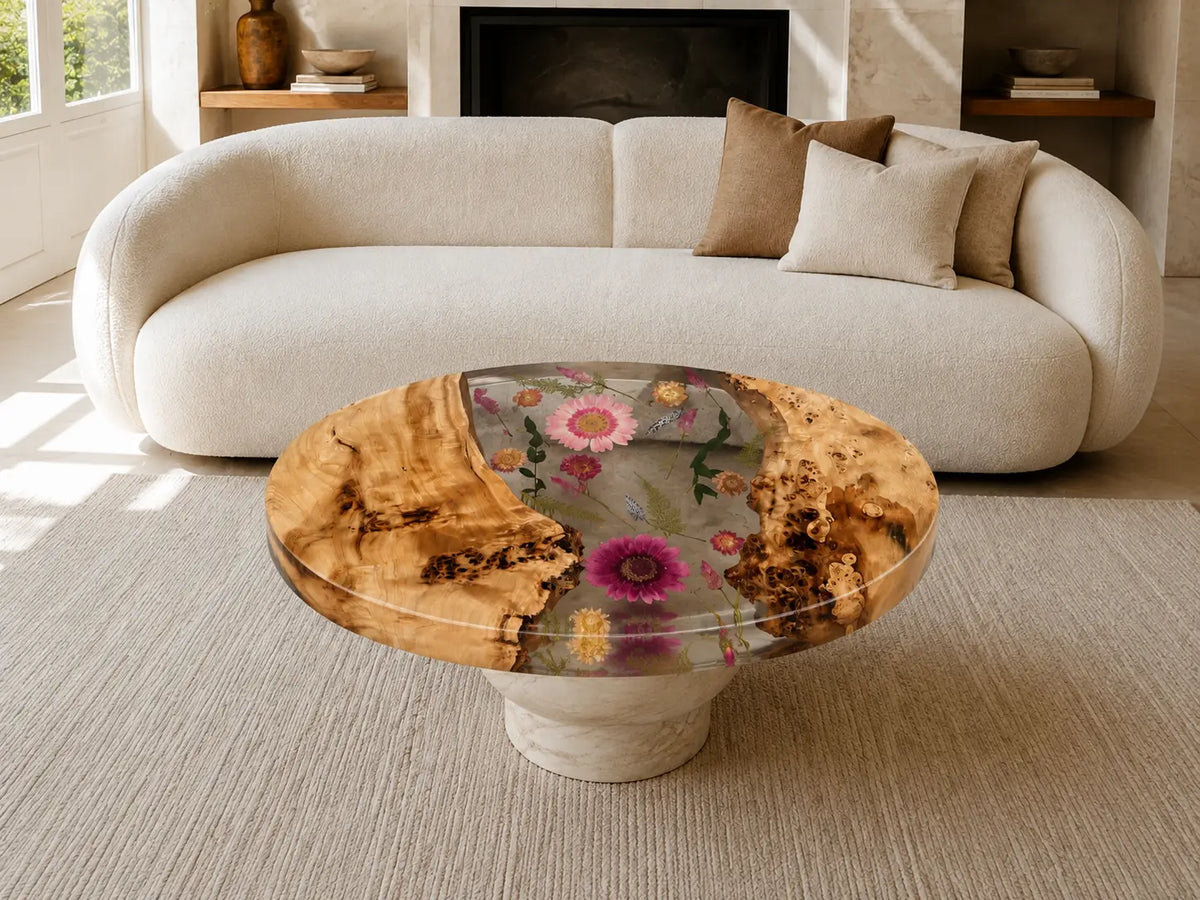 Rose Garden Pool Crystal Clear & Floral Inlay Epoxy Poplar Coffee Table CFT37