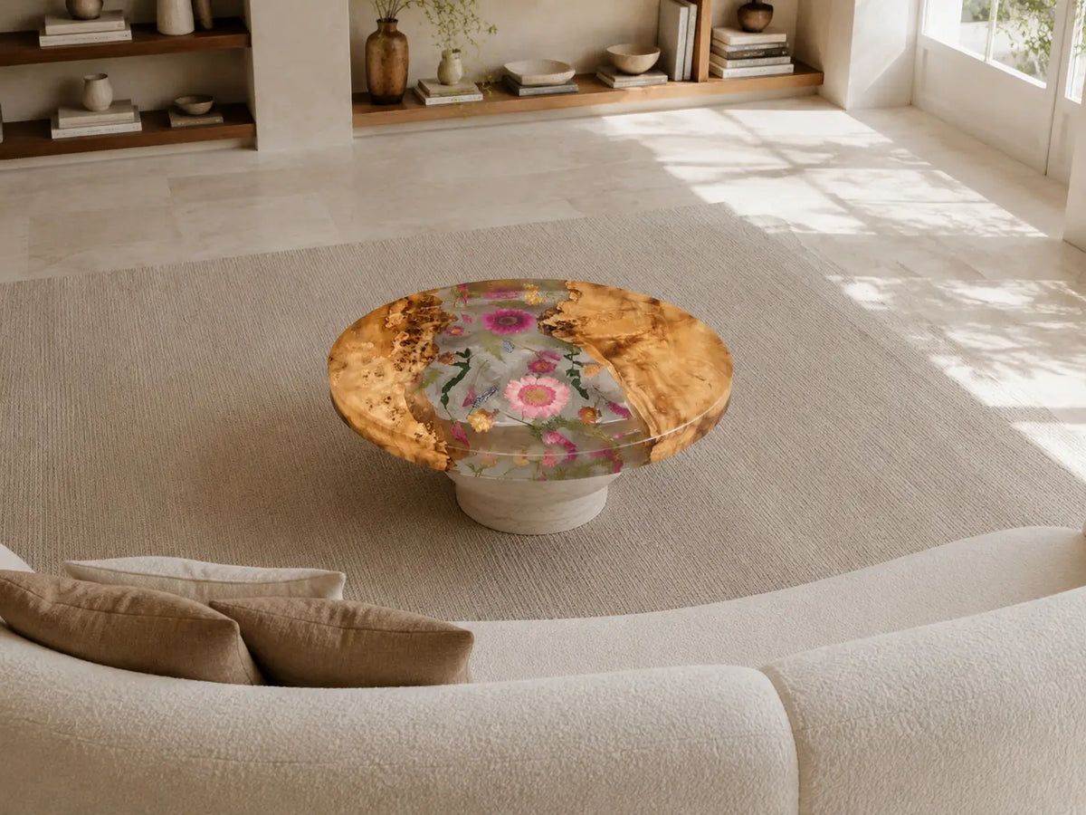Rose Garden Pool Crystal Clear & Floral Inlay Epoxy Poplar Coffee Table CFT37