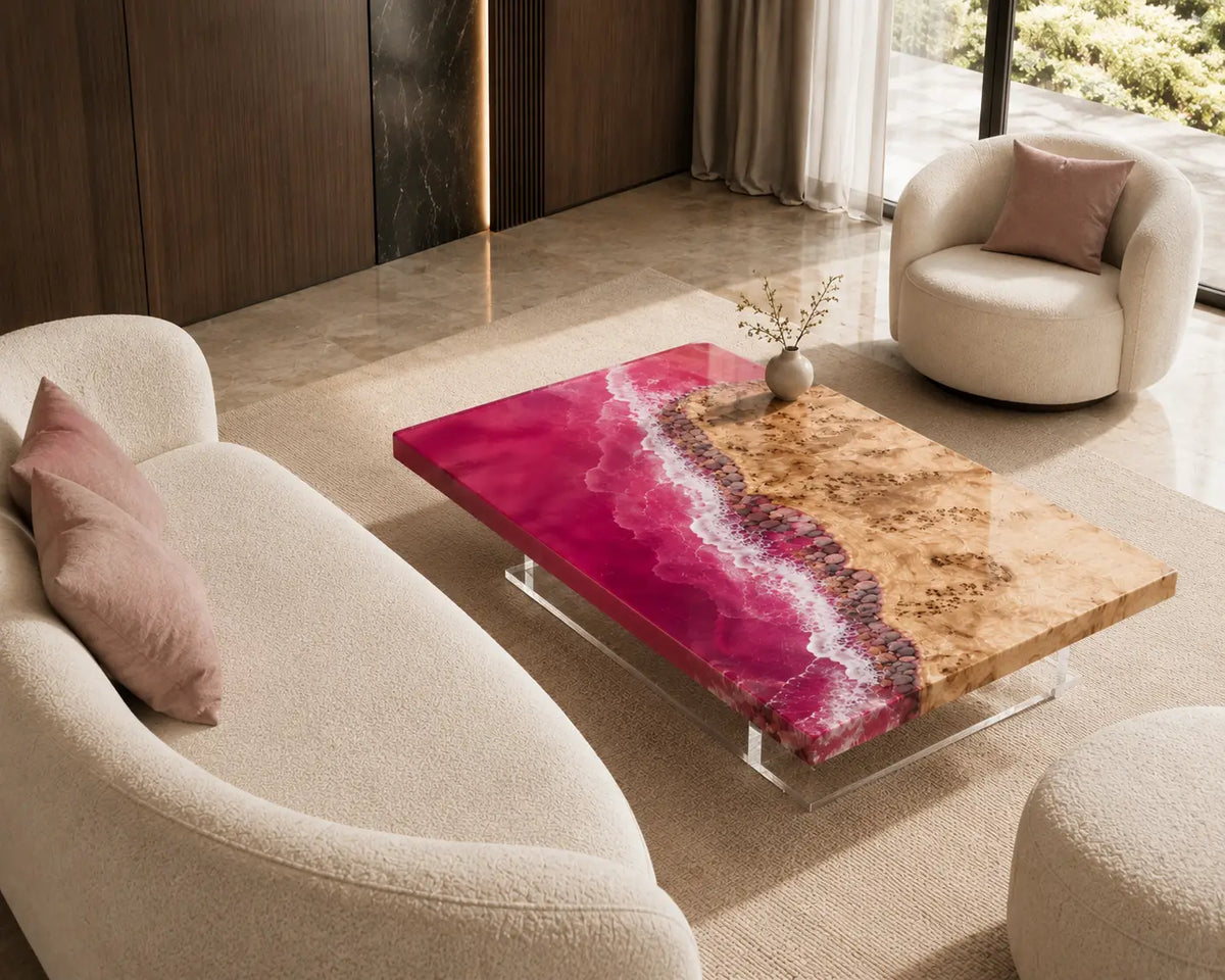 Fuchsia Shore fuchsia pink with white surf epoxy poplar coffee table CFT38