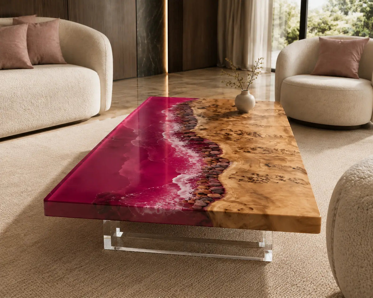 Fuchsia Shore Fuchsia Pink & White Surf Epoxy Poplar Coffee Table CFT38