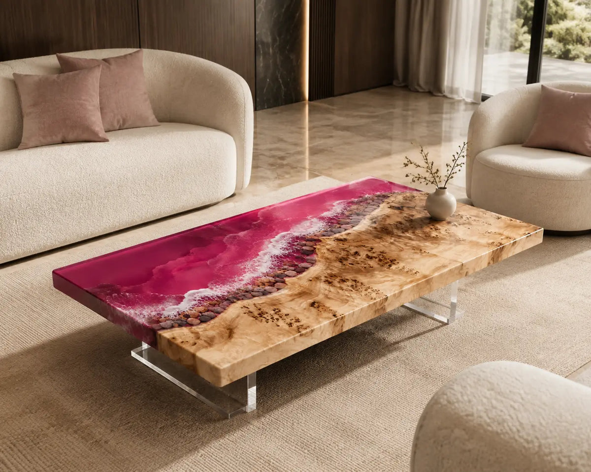 Fuchsia Shore Fuchsia Pink & White Surf Epoxy Poplar Coffee Table CFT38